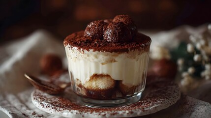Elegant tiramisu dessert in a glass jar with a dusting of cocoa powder