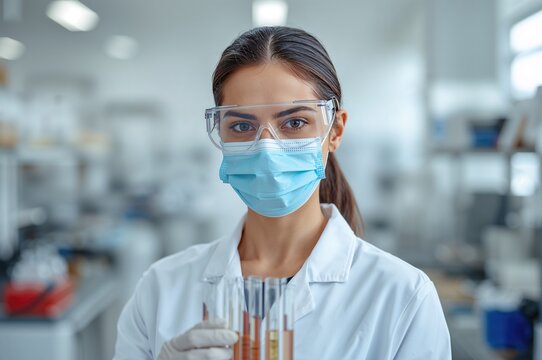 Female scientist in laboratory holding test tubes wearing lab coat, protective eyewear, face mask, and gloves in modern lab environment with equipment in background.