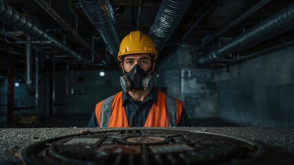 Worker in safety gear and respirator, standing in dimly lit confined space with ventilation ducts and sewer access cover visible in foreground.