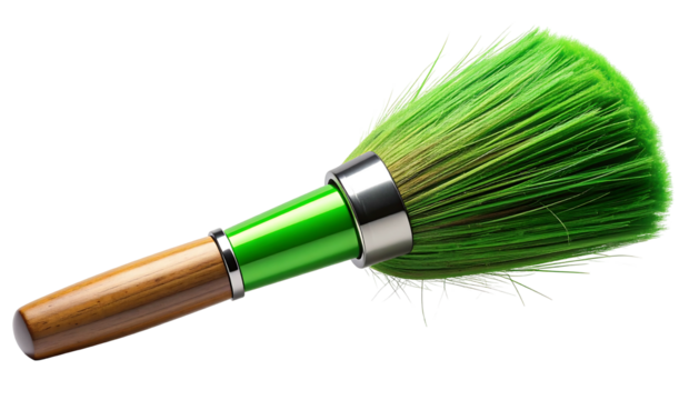 Green brush with wooden handle on white background.