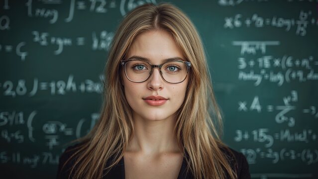 Young blonde woman wearing glasses posing in front of a blackboard covered in mathematical equations and formulas highlighting an academic environment