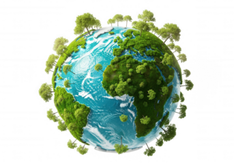 Lush green planet with trees isolated on a transparent background