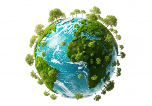 Lush green planet with trees isolated on a transparent background
