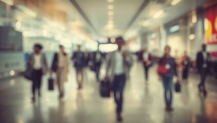 Abstract blurred image of crowded airport hallway with bokeh effect capturing the movement of travelers carrying luggage in a commercial space.