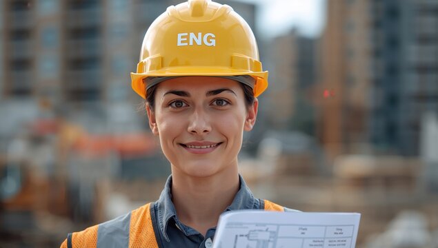 Female engineer in hard hat holding blueprints at construction site wearing safety vest smiling against blurred background of buildings and machinery.