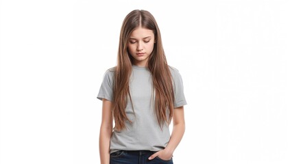 Fototapeta premium teenage girl with long brown hair wearing a gray t-shirt looking down against a white background with a neutral expression