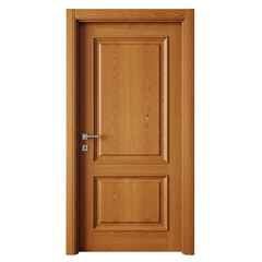 A classic wooden door with a rectangular panel design and a silver handle isolated on white background for interior design purposes