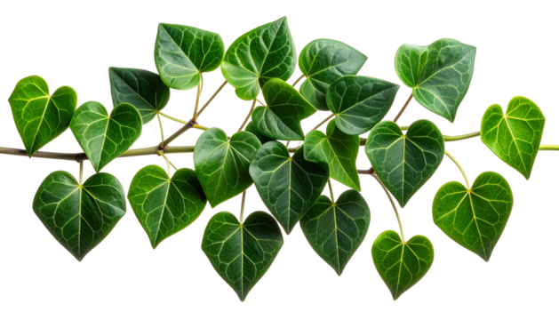 Green heart shaped leaves on a branch isolated on white background.