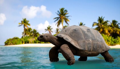Large tortoise walks across water towards island with palm trees