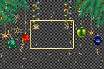 Colorful Christmas ornaments and golden decorations frame a transparent background for holiday projects