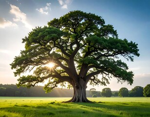 Obraz premium Large tree in a grassy field bathed in sunlight