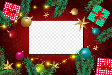 Festive ornaments, wrapped gifts, and pine branches beautifully decorate the frame against a red background with transparency