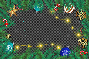 Christmas frame featuring pine branches, ornaments, snowflakes, lights, and candy cane on transparent background