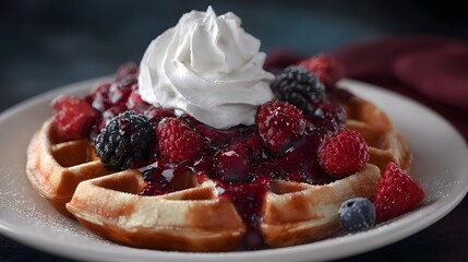 Golden waffle generously topped with a vibrant mix of fresh berries and a swirl of creamy whipped cream dusted with powdered sugar