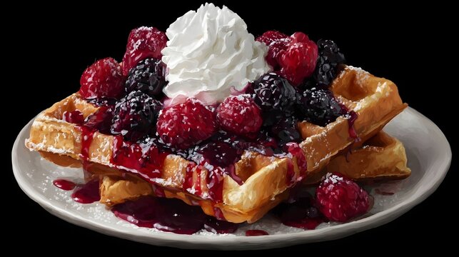 Stacked Golden Waffles with Mixed Berries Sweet Sauce and Whipped Cream
