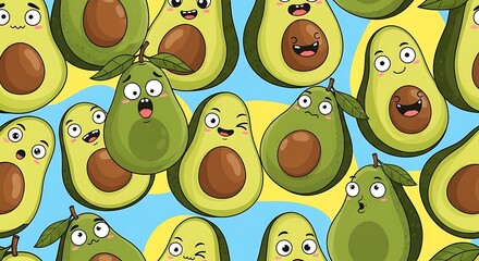 Delightful avocado cartoon pattern with vibrant expressions perfect for fun food-themed designs and cheerful backgrounds