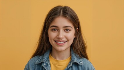 Fototapeta premium Portrait of a smiling teenage girl with long hair wearing a denim jacket and yellow shirt against a solid yellow background expressing positive emotions and happiness.