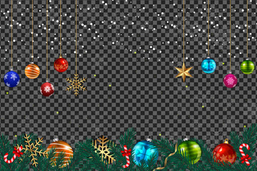 Colorful ornaments hang against a transparent background with snowflakes and festive green foliage