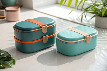 Two modern bento boxes on a kitchen counter with natural light coming in