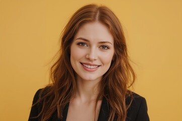 Obraz premium Confident Young Woman with Long Red Hair Smiling and Relaxing with Hands Behind Head Against Bright Yellow Wall in Indoor Setting