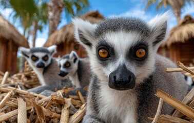 Obraz premium lemurs at the zoo, sitting on straw in their enclosure, posing for photos with orange eyes and black spots on white fur.