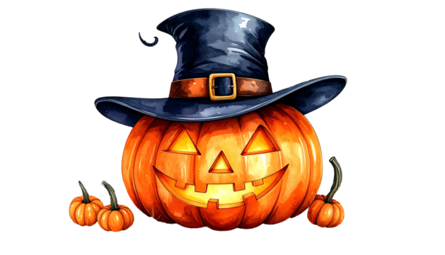 Halloween Pumpkin with Witch Hat and Mini Pumpkins.