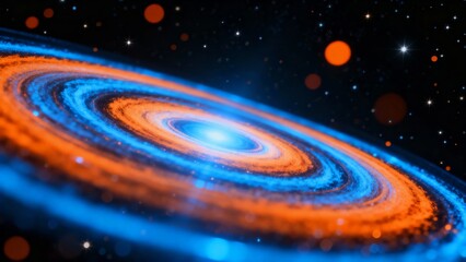A vibrant spiral galaxy with swirling blue and orange arms set against a starry cosmic backdrop.