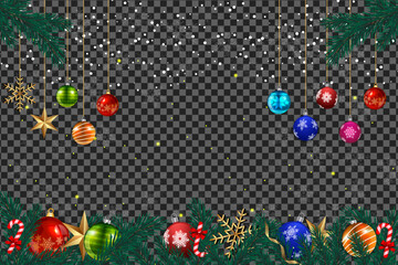 Festive Christmas ornaments and golden star adorn the evergreen branches on transparent background