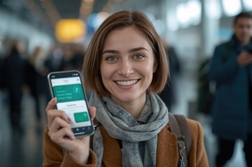Caucasian woman smiling while holding smartphone displaying digital green pass in modern airport terminal with blurred travelers in the background