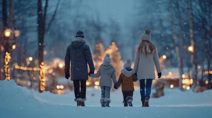 A young family walking hand in hand through snowy park at night under falling snow and sparkling golden lights during festive winter season © swillklitch