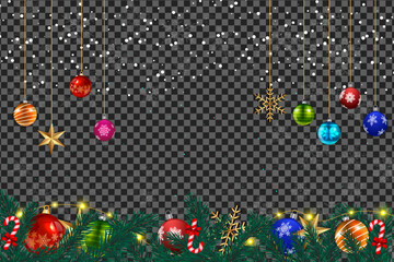 Colorful Christmas ornaments and snowflakes are falling against a transparent background, creating a festive scene