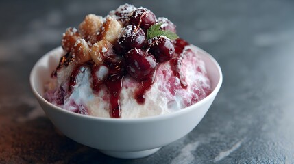 A bowl of delicious shaved ice dessert topped with fresh cherries sweet syrup and crunchy toppings