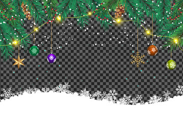 Colorful ornamentals and lights hang above snowdrifts on spruce branches over transparent background