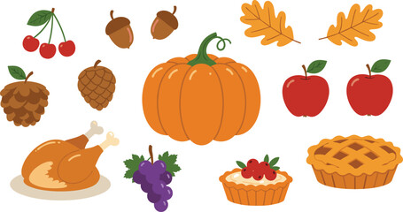 Autumn harvest food illustration, Thanksgiving celebration elements, pumpkin, apple, pie, grapes, roasted turkey, acorns, leaves, seasonal fruit vector art design