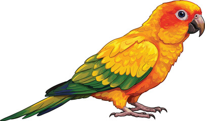 Beautiful colorful parrot illustration, tropical exotic bird vector art, vibrant yellow and green feathers, wildlife nature concept, exotic animal design, detailed bird artwork