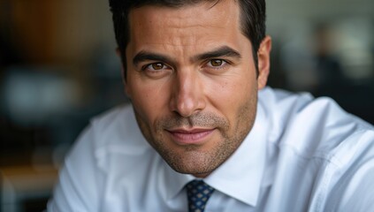 Obraz premium closeup of confident businessman in formal shirt and patterned tie with serious expression in contemporary office setting