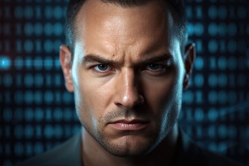 Close-up portrait of determined man with intense expression, featuring digital binary code in background, illustrating themes of face detection and computer vision technology.
