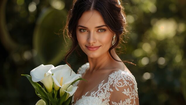 Bride with calla lily bouquet in a garden setting, wearing intricate lace wedding gown, soft natural makeup, glowing skin, looking elegantly at the camera with a romantic expression.