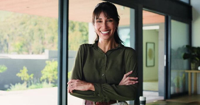 Woman, face and realtor with confidence for business, about us and happy for career. Estate agent, arms crossed or laugh at agency for mature representative, friendly service or property management