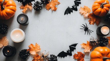 Halloween frame with decorations of pumpkin, paper bats and black spider.flat lay top view wallpaper.