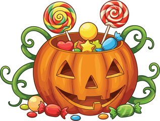 Halloween pumpkin candy bucket, sweet treats in jack o lantern, colorful candies and lollipops, festive halloween illustration, autumn holiday art