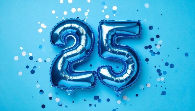 Blue balloon number 25 with confetti on solid colored background. Photo for anniversary or birthday party