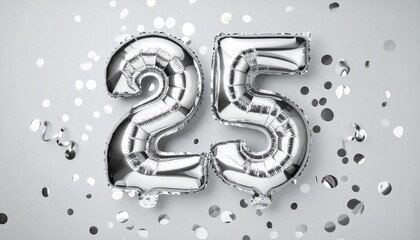 Silver balloon number 25 with confetti on solid colored background. Photo for anniversary or birthday party