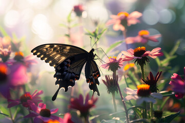Fototapeta premium Beautiful butterfly lands gently on a delicate flower bathed in warm sunlight.