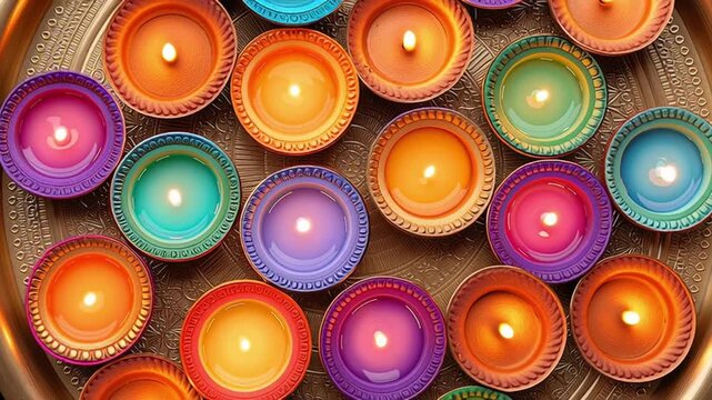 Colorful clay oil lamps with glowing flames arranged in circular pattern on ornate metallic tray, creating warm and vibrant festive decor and joyful ambiance for celebration or spiritual rituals