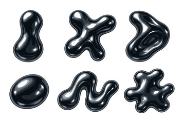Fototapeta premium Dark chrome liquid 3D shapes set in Y2K style. Realistic metal silver melt fluid form. Aesthetic futuristic design elements. Abstract blobs, glossy drops, and chrome splashes.