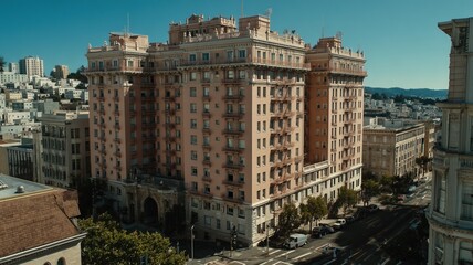 Cinematic view of classic downtown building architecture with textured details and urban street environment