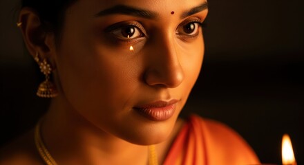 Indian Woman with Diya Reflection. Orange Saree Portrait in Dark Glow.