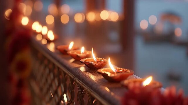 Traditional clay oil lamps with glowing flames create warm festive atmosphere during evening celebration, symbolizing hope and joy in Indian festival, rows of oil lamp light bring spirituality