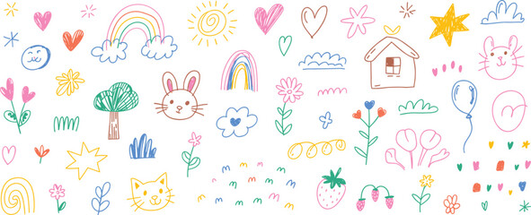 Colorful doodle artwork, hand drawn nature icons, cute cartoon animals, playful garden elements, cheerful sketch pack, flat vector illustration, children design
